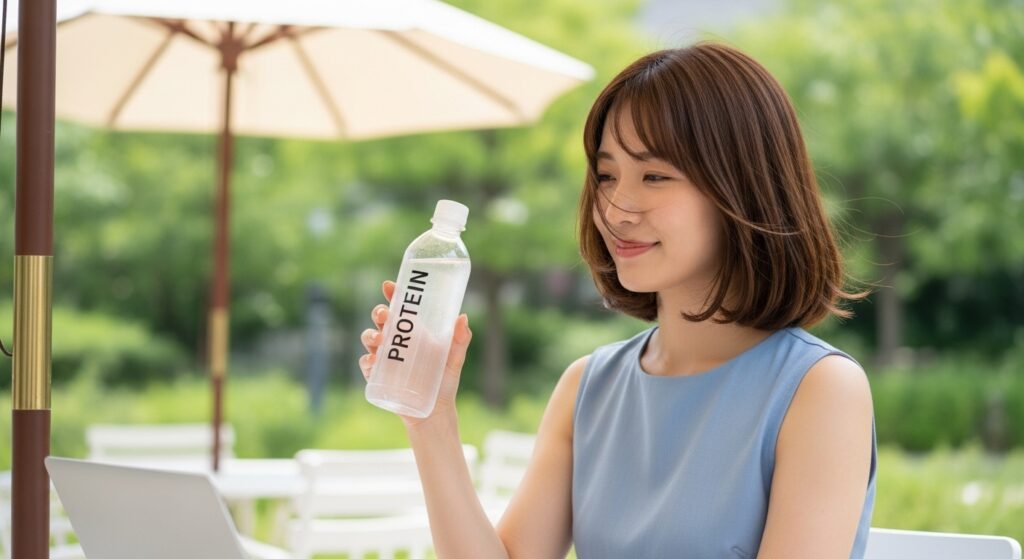 カフェテラスでプロテインウォーターを飲む若い日本人女性