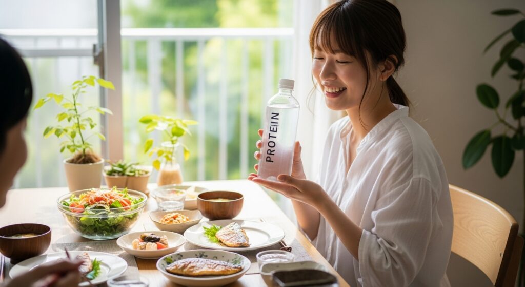 自宅で健康的な食事中にプロテインウォーターを飲む若い日本人女性