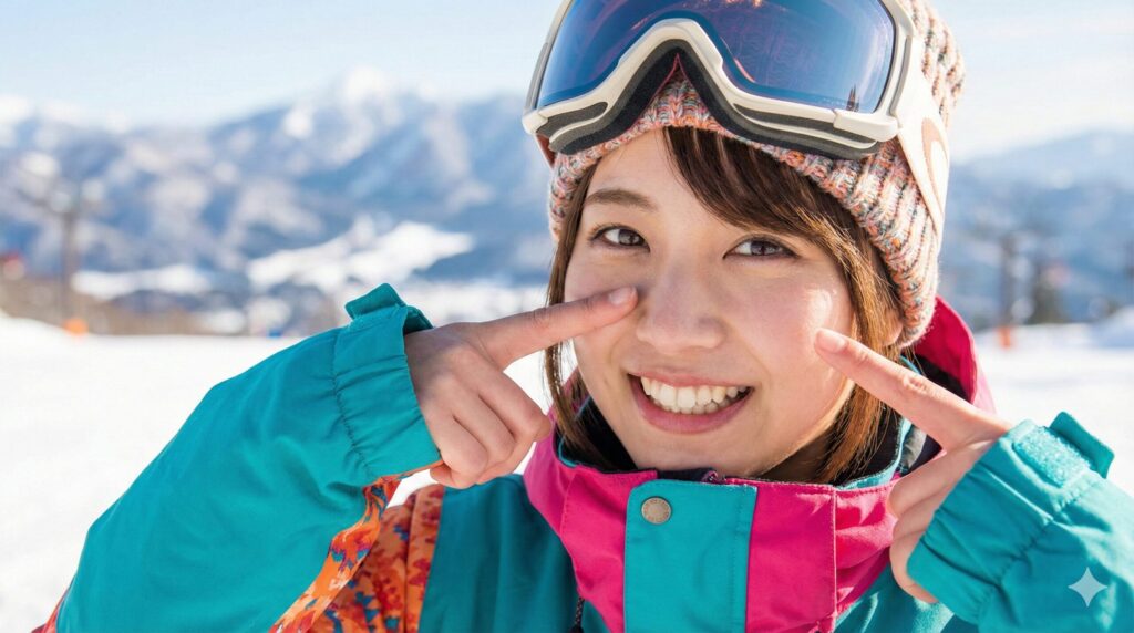 雪山で、顔にぴったりフィットしたアジアンフィットのスノーボードゴーグルを指差し、鼻周りに隙間がないことを示す笑顔の日本人女性