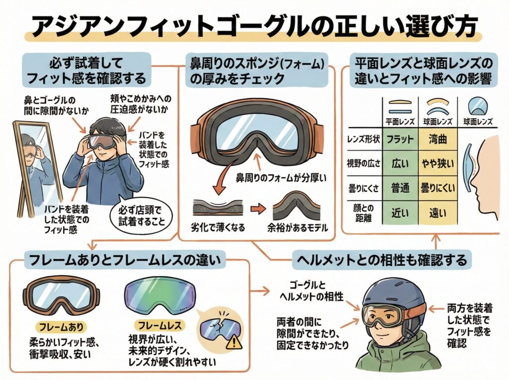 アジアンフィットゴーグルの正しい選び方を解説するインフォグラフィック画像