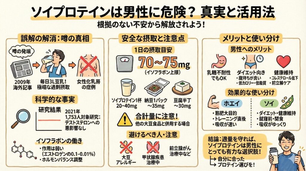 ソイプロテインが男性にとって安全であり、メリットがあることを解説する手書き風のグラフィックレコーディング。女性化の噂を否定し、通常の摂取量ではテストステロンに影響がないという研究結果を示している。1日の安全なイソフラボン摂取目安量(70-75mg)と、ソイプロテイン、納豆、豆腐に含まれる量を提示し、合計摂取量への注意を促す。乳糖不耐性でも飲める点、ダイエット向き、コレステロール低下などのメリットを詳述。ホエイ(筋肥大、トレ後)とソイ(ダイエット、就寝前・間食)の使い分けも図示し、適量であれば男性にとっても有力な選択肢であると結論付けている。
