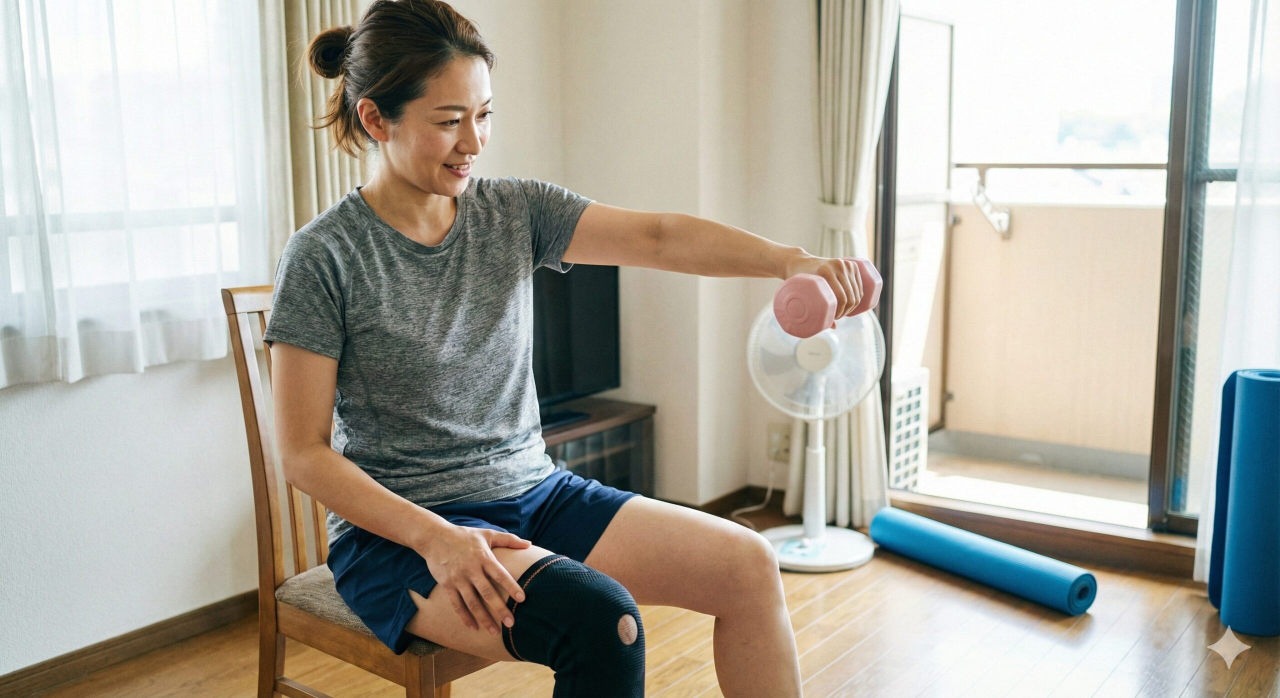 回復への力：膝サポーターを着用した女性の自宅トレーニング