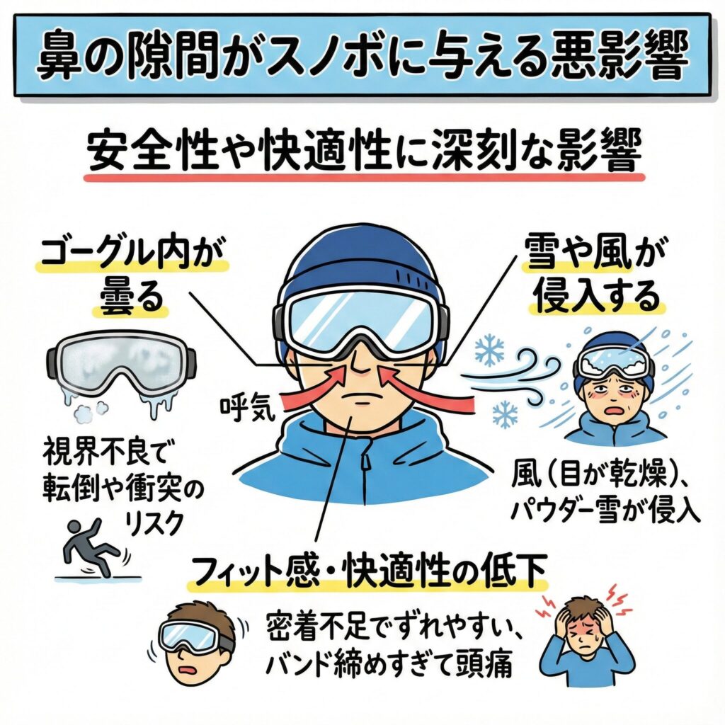 スノボゴーグルと鼻の隙間が引き起こす悪影響：安全性・快適性の低下