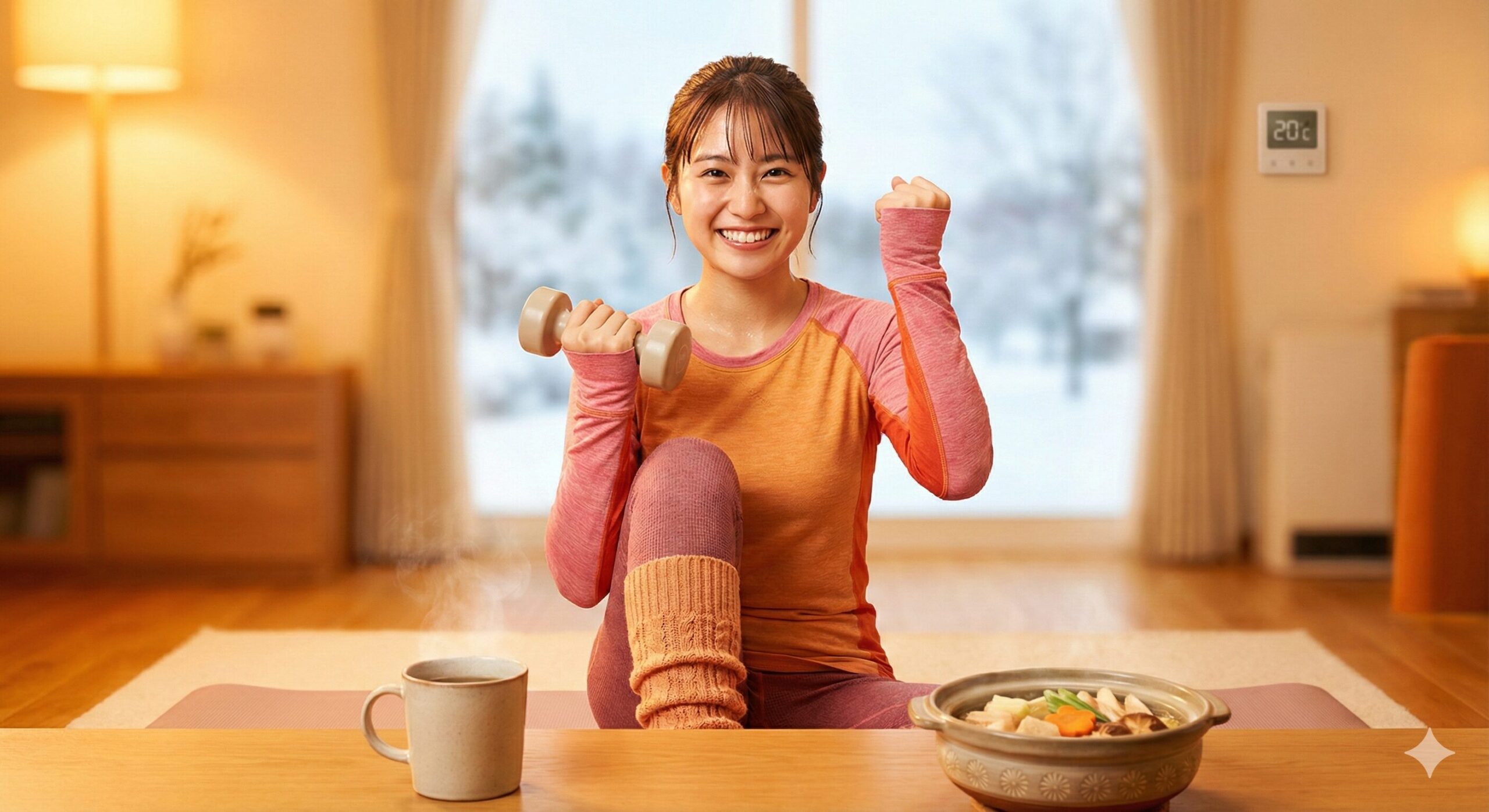 暖かい冬のリビングで笑顔でダンベルを持ち筋トレをする女性と鍋料理