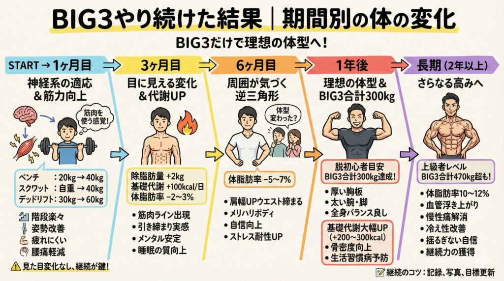 筋トレのBIG3を継続した際の期間別の体の変化（1ヶ月目の筋力向上から、1年後、長期的な見た目の変化まで）をまとめたグラフィックレコーディング