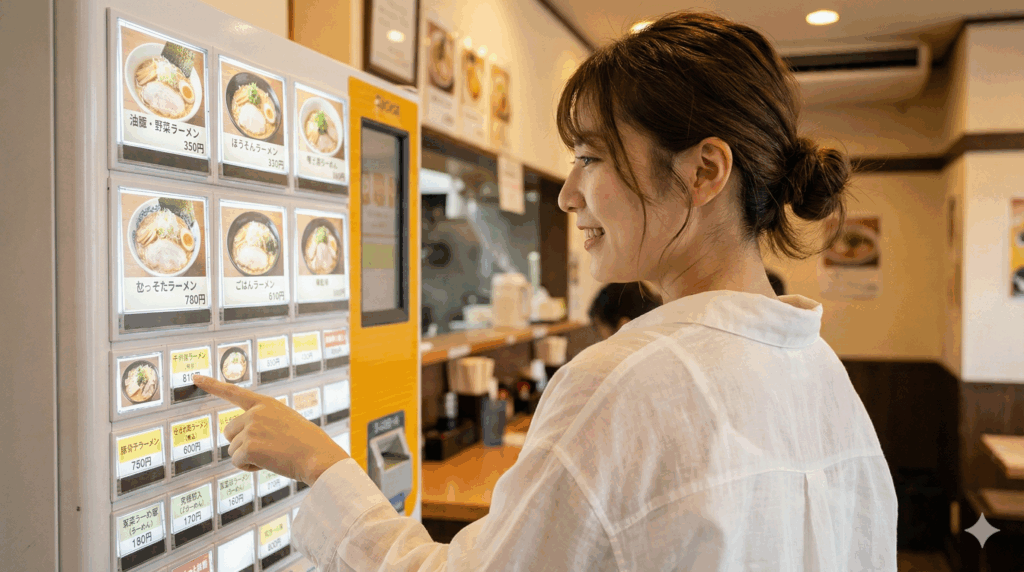 ラーメン店の券売機で、笑顔でメニューを指差して選んでいる若い女性の横顔