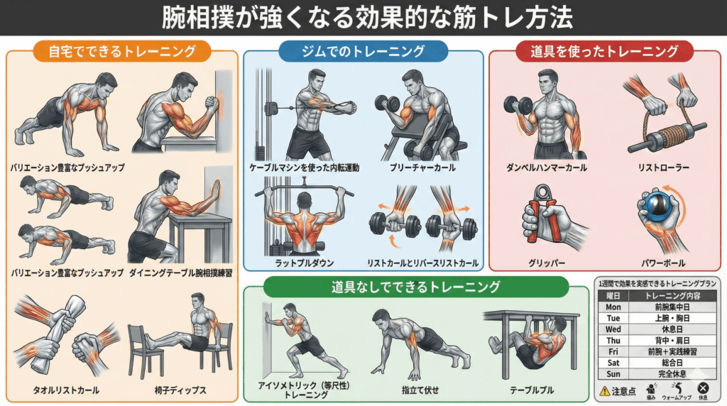 腕相撲を強くするための自宅、ジム、道具使用、道具なしでできる効果的な筋トレ方法と1週間のトレーニングプランを紹介するインフォグラフィック