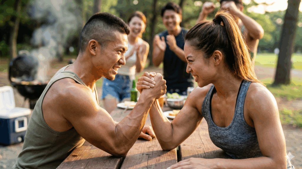 屋外のバーベキュー会場で、筋肉質な日本人男性と女性が木製のテーブルで真剣に腕相撲をしている様子