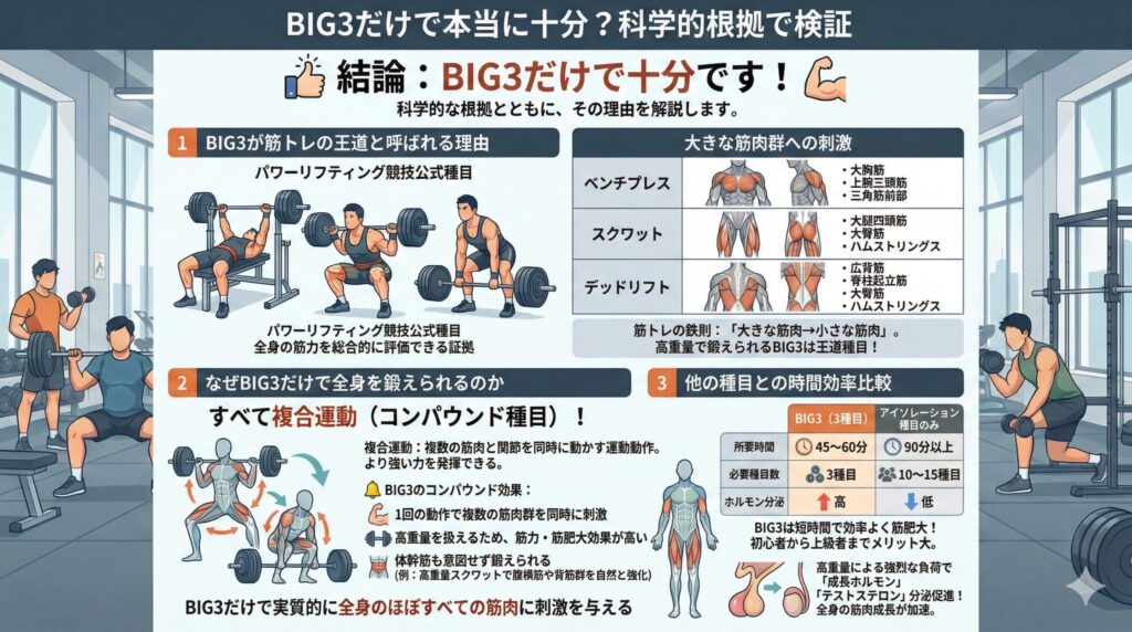 BIG3だけで筋トレは十分か？を科学的根拠で検証したインフォグラフィック。結論は十分。BIG3が王道である理由（大きな筋肉への刺激）、複合運動による全身への効果、他の種目と比較した時間効率の良さ（短時間・高効果）を、日本人男性のイラストと図表で解説