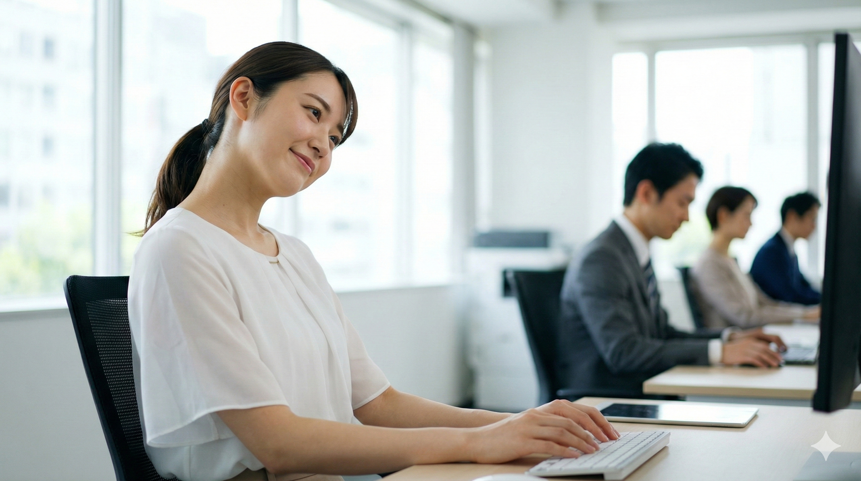 明るいオフィスで白いブラウスを着た若い日本人女性が、デスクに向かってキーボードに手を置いたまま、穏やかな表情でさりげなく首を傾けてストレッチをしている様子