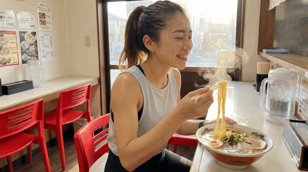 運動着を着て汗をかいた若い女性が、ラーメン屋のカウンターで湯気の立つラーメンを笑顔で食べている