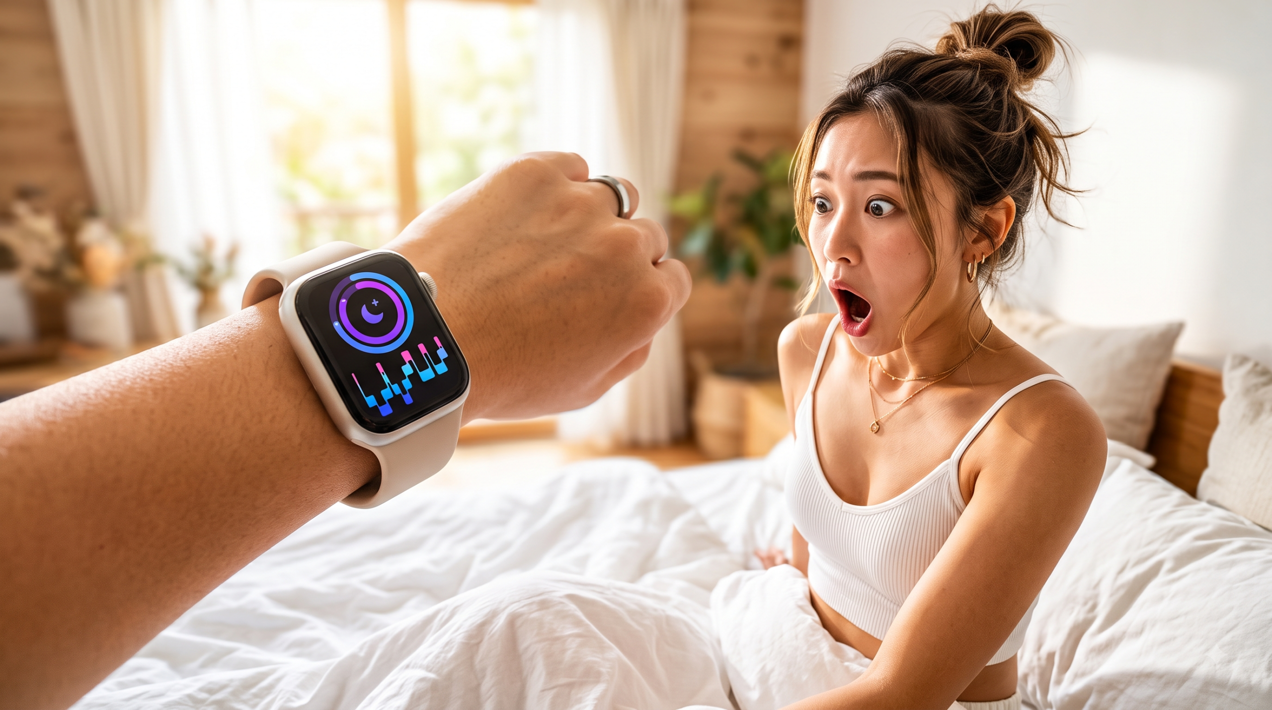 朝の衝撃-スマートウォッチの睡眠データに絶句する女性 ベッドの上で、スマートウォッチを覗き込み、衝撃の表情を浮かべるお団子ヘアの女性。