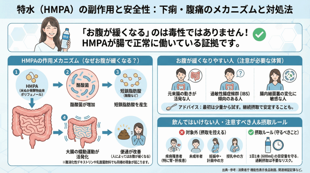 特水（HMPA）を飲むとお腹が緩くなる現象は、毒性による副作用ではなく、成分が腸内で酪酸菌を増やし、蠕動運動を活発化させる正常な作用であると解説するインフォグラフィック