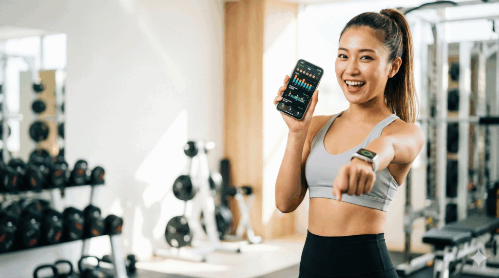 明るいジムで、フィットネスアプリを表示したスマホとApple Watchを着用した腕を見せ、笑顔でカメラを指差す日本人女性
