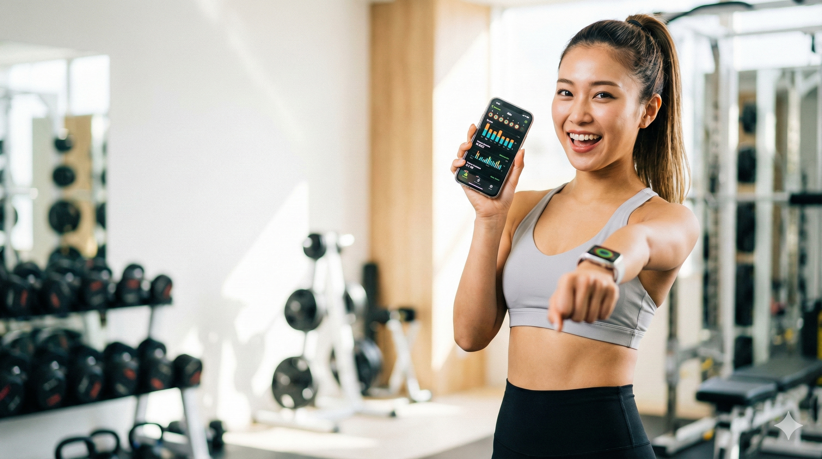 明るいジムで、フィットネスアプリを表示したスマホとApple Watchを着用した腕を見せ、笑顔でカメラを指差す日本人女性