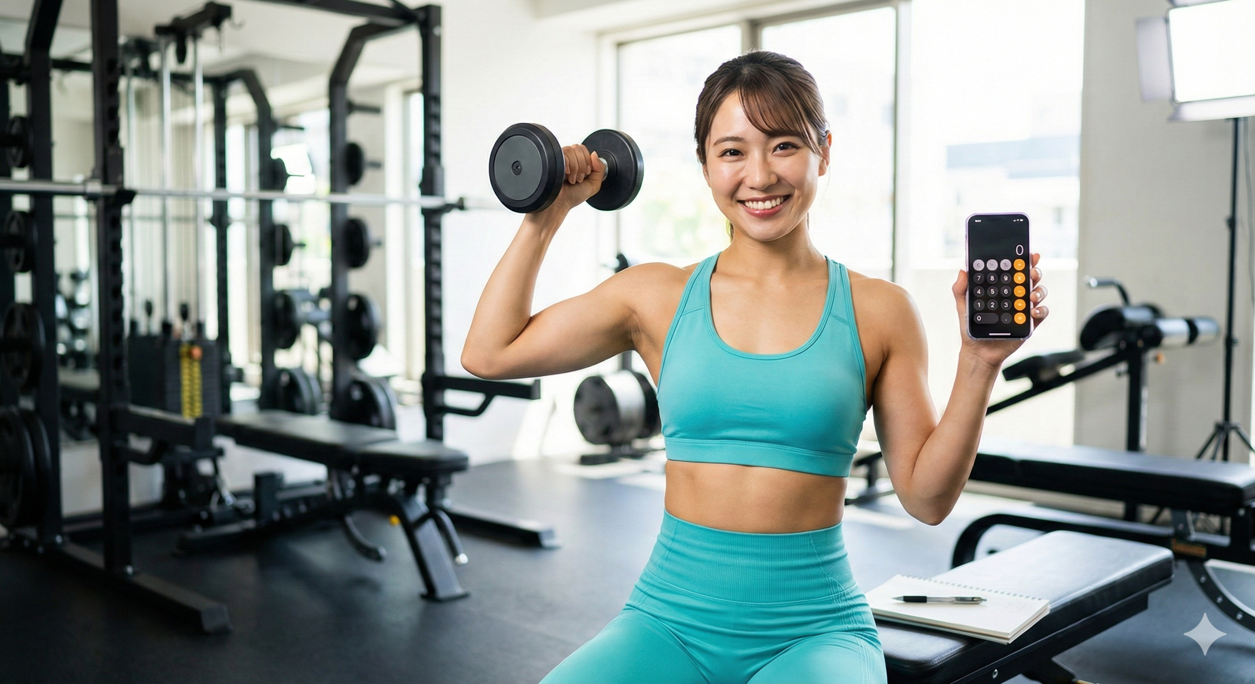 ジムでダンベルと計算機アプリのスマホを持つ笑顔の日本人女性 明るいジムで、ターコイズ色のウェアを着た日本人女性が笑顔でダンベルと計算機画面のスマホを持っている
