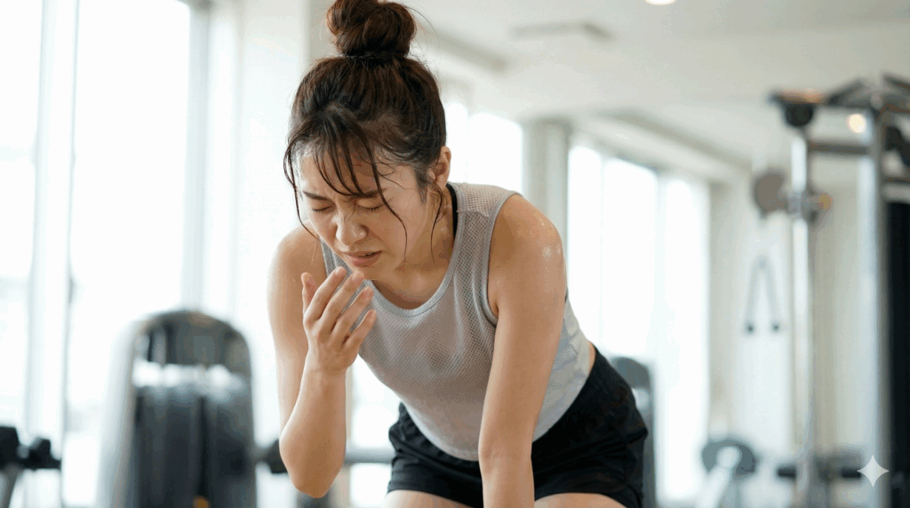 明るいジムでトレーニングウェアを着て汗をかき、くしゃみを我慢するように口に手を当てて顔をしかめている若い日本人女性