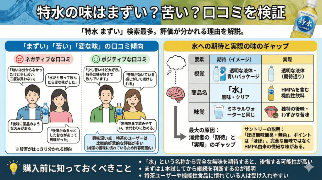 「特水の味はまずい？苦い？口コミを検証」というタイトルのインフォグラフィック。左側では日本人のイラストを用いてネガティブな口コミとポジティブな口コミを比較し、賛否が分かれる傾向を示している。右側では、視覚、商品名、味覚における「水への期待」と「実際」のギャップを表形式で図解し、HMPA由来の独自の味や苦味が原因であることを解説している。