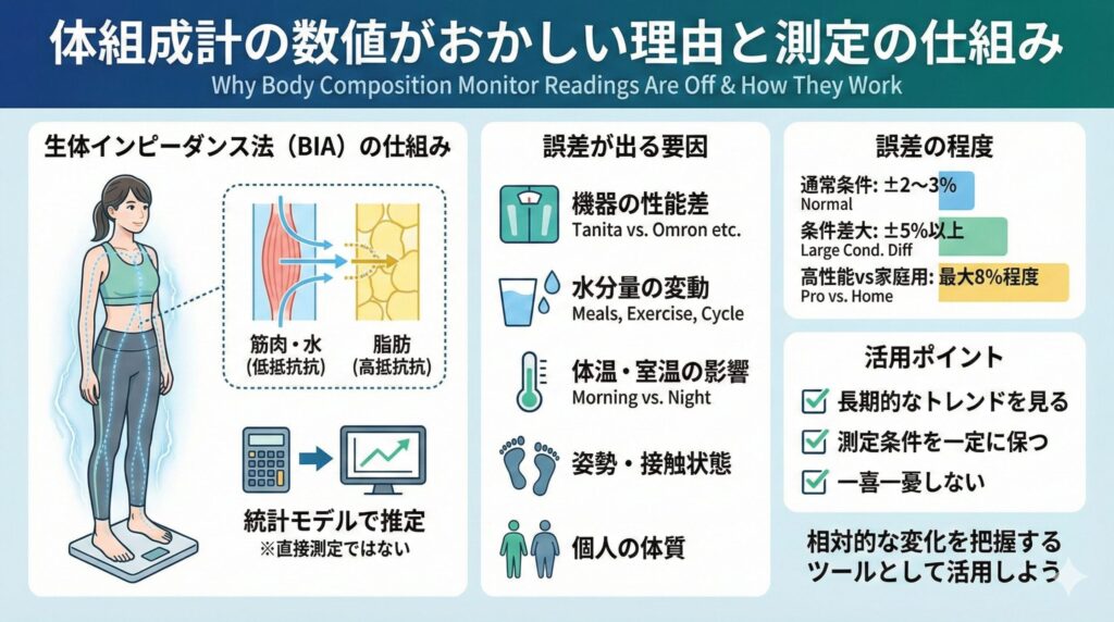 体組成計の生体インピーダンス法の仕組み、数値に誤差が出る5つの要因、誤差の程度の目安、そして測定結果を正しく活用するための3つのポイントを解説