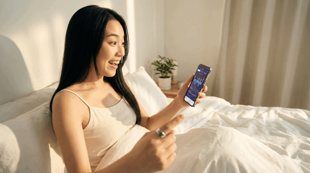 ベッドで驚いた表情でスマートフォンの睡眠データを見ている、スマートリングをつけた女性。