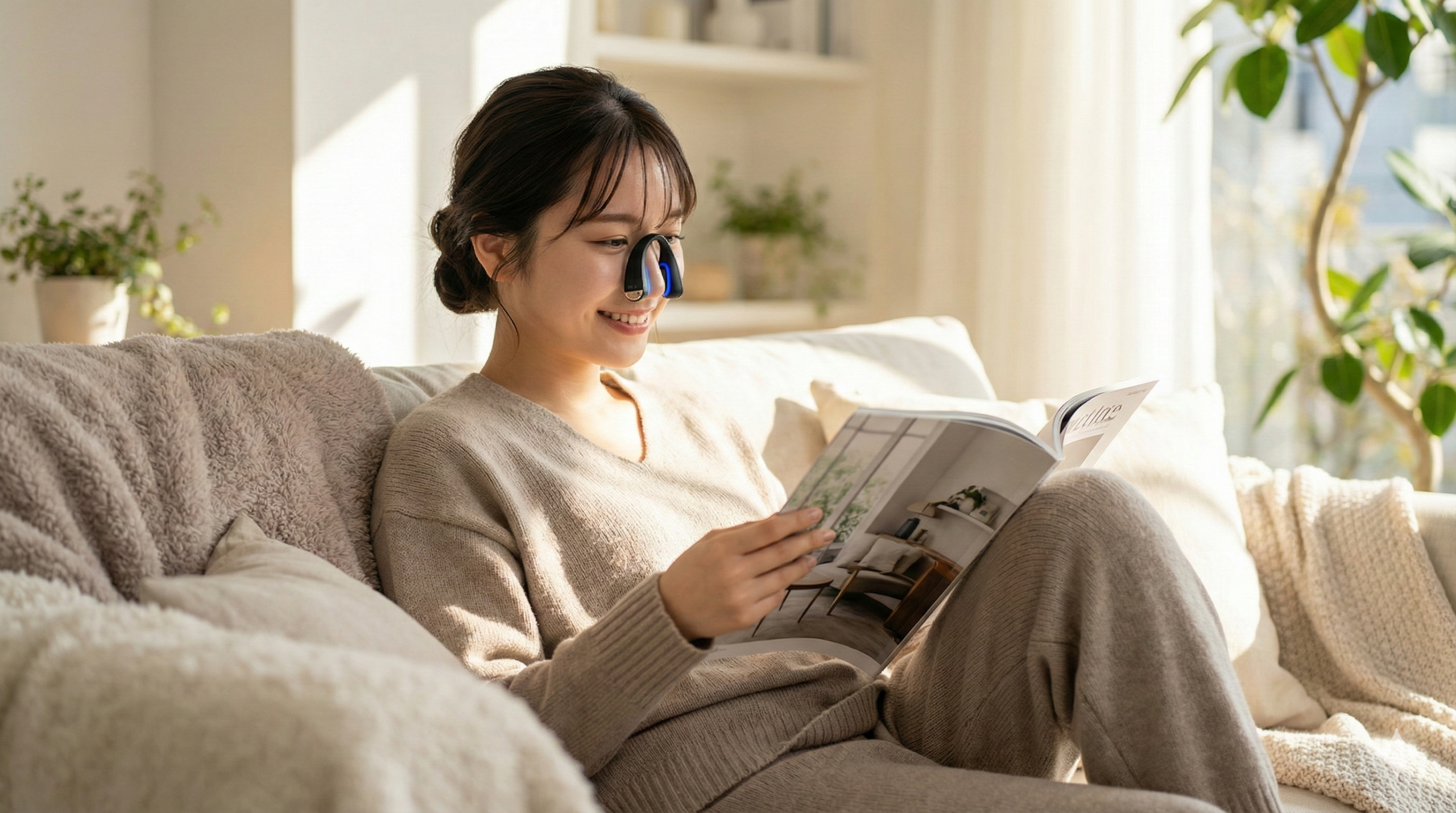 NIPLUX QNoseを装着し、ソファでリラックスして雑誌を読む女性。
