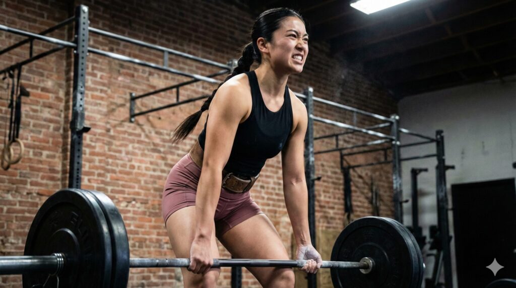 レンガ壁のジムで、黒いタンクトップとウェイトベルトを着用した女性が、顔をしかめて懸命に重いバーベルをデッドリフトで持ち上げている様子