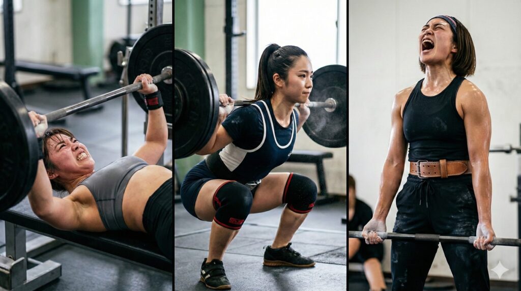 ベンチプレス、スクワット、デッドリフトで全力を尽くす女性アスリートたちの様子を捉えた3枚組の写真。