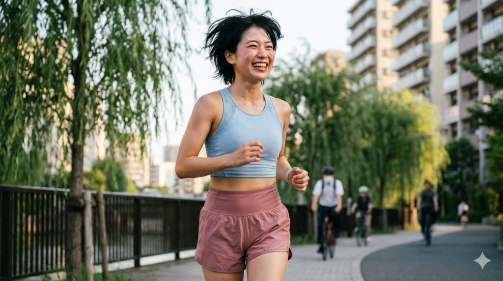 柳の木が茂る川沿いの遊歩道を、汗をかきながら満面の笑みでジョギングしているショートヘアの若い日本人女性