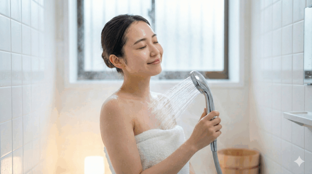 蒸気の中でリラックスしてシャワーを浴びる若い日本人女性 温冷交代浴のコンセプト