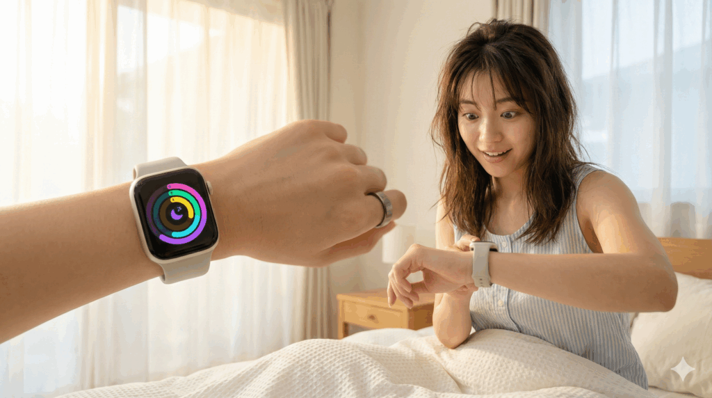 寝室のベッドで、スマートウォッチに表示された睡眠トラッキングの円形グラフを見て、驚きと喜びの表情を浮かべる若い日本人女性の様子。彼女の左腕はカメラに向かって伸ばされ、スマートウォッチと指のスマートリングが強調されている。