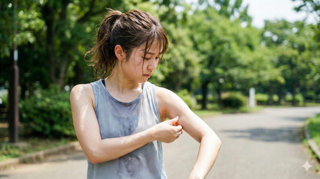 夏の公園でランニング後、汗をかいたタンクトップ姿の若い女性が、不安そうな表情で自分の二の腕をつまんで確認している
