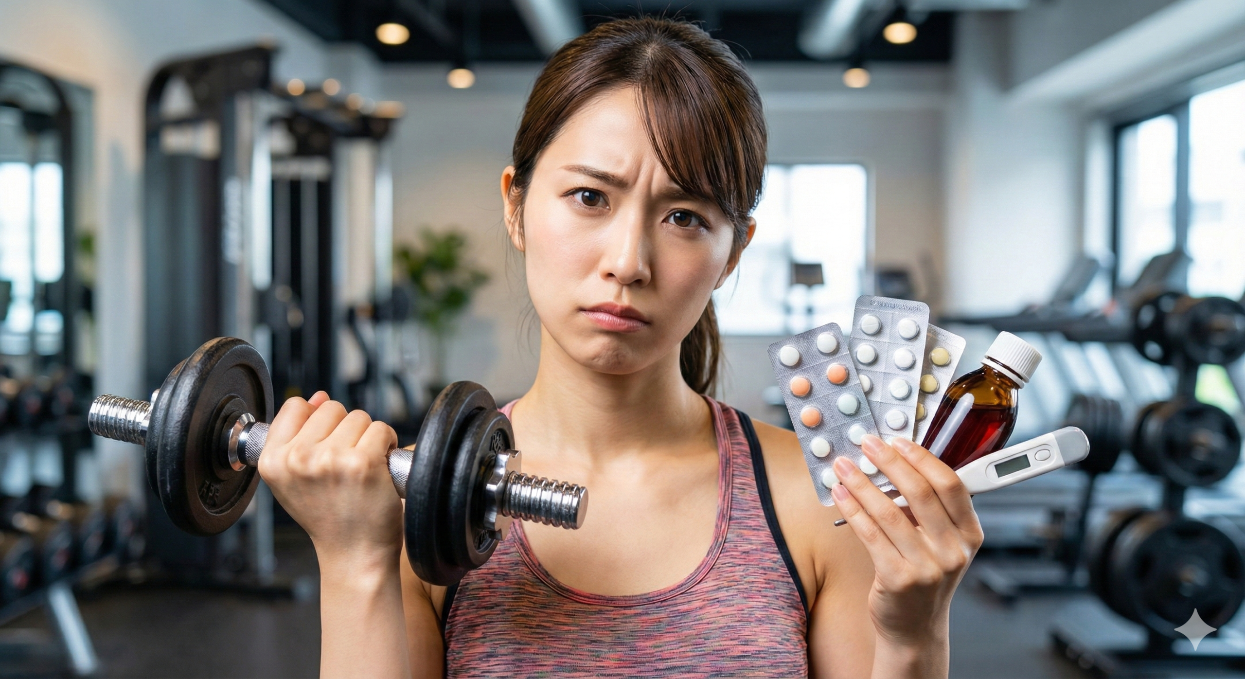 ジムでダンベルと薬を持ちトレーニングと休養の間で悩む日本人女性 ジムでダンベルと薬を持ち、真剣な表情で運動と休養のどちらを選ぶか迷っている日本人女性