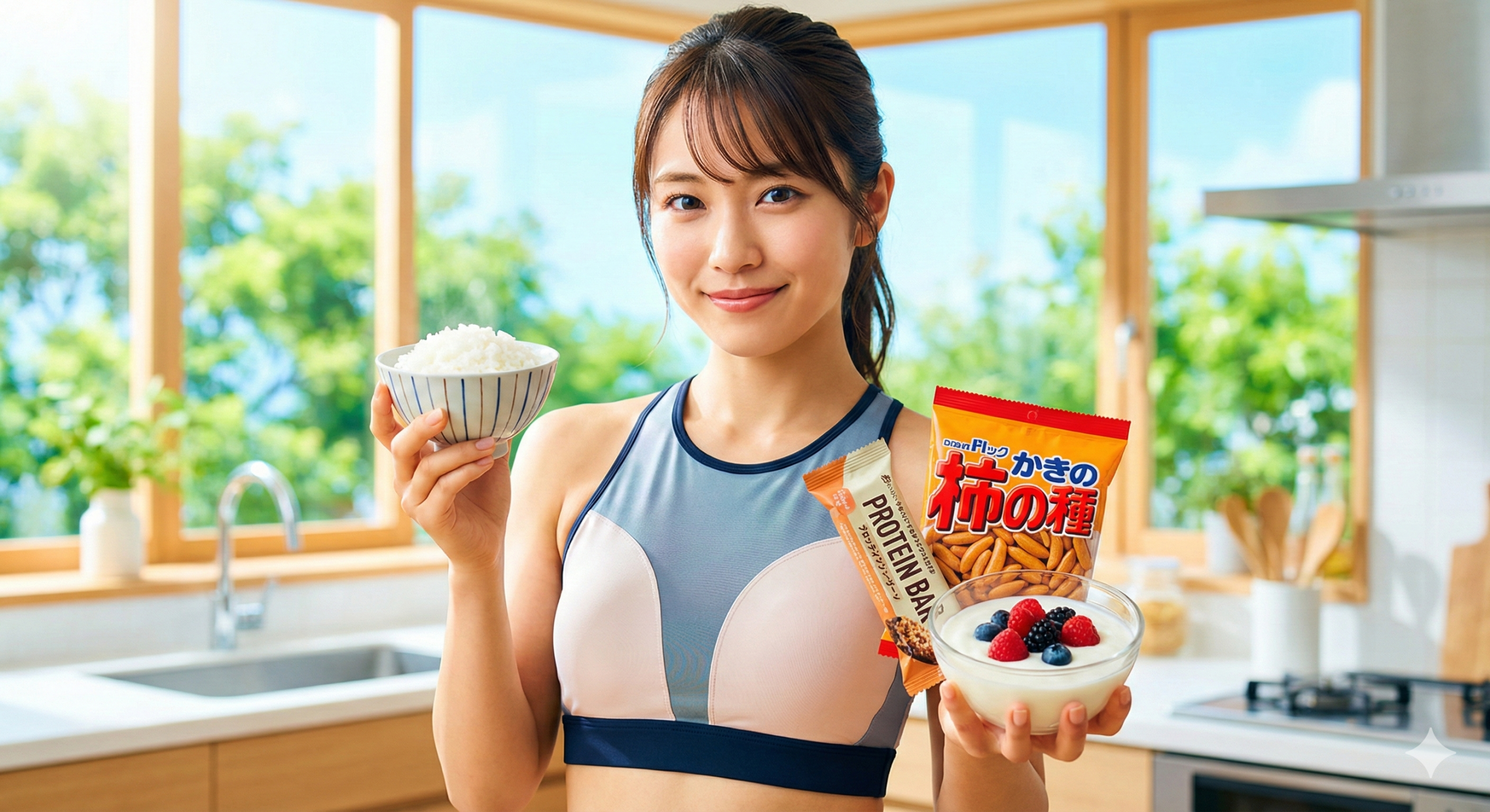 ご飯とヘルシースナック（プロテインバー、柿の種、ヨーグルト）を両手に持つフィットネス女子