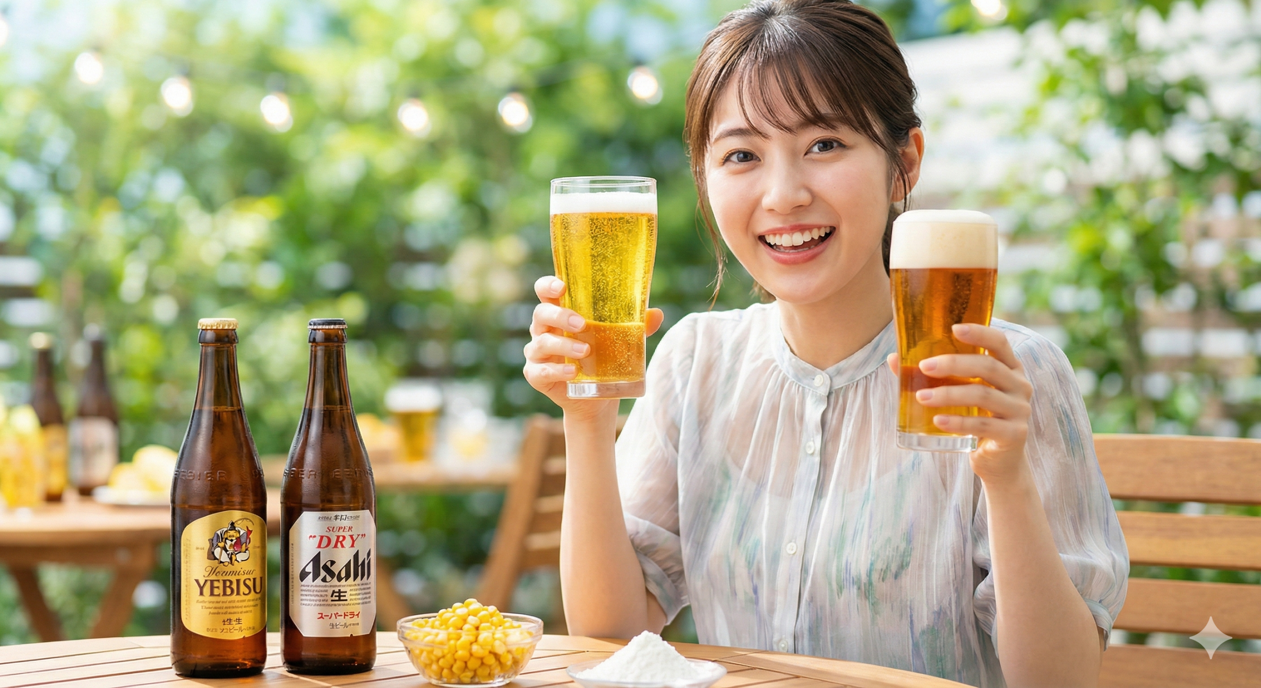二種類のビールとコーンスターチを前に笑顔でビールを掲げる女性