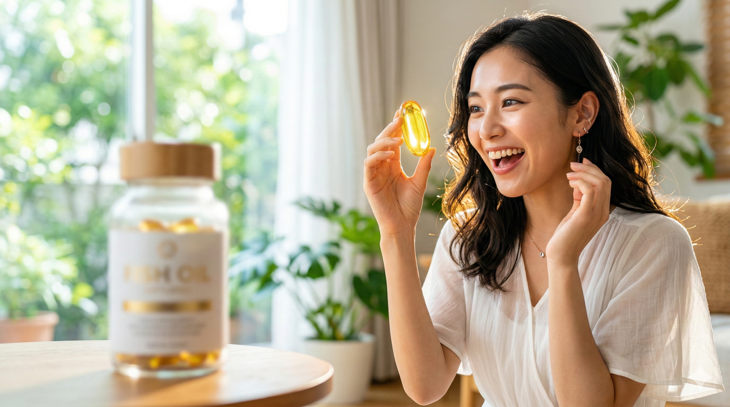 黄金のフィッシュオイルカプセルを持って驚き喜ぶ日本人女性と、手前に置かれたサプリメントボトル