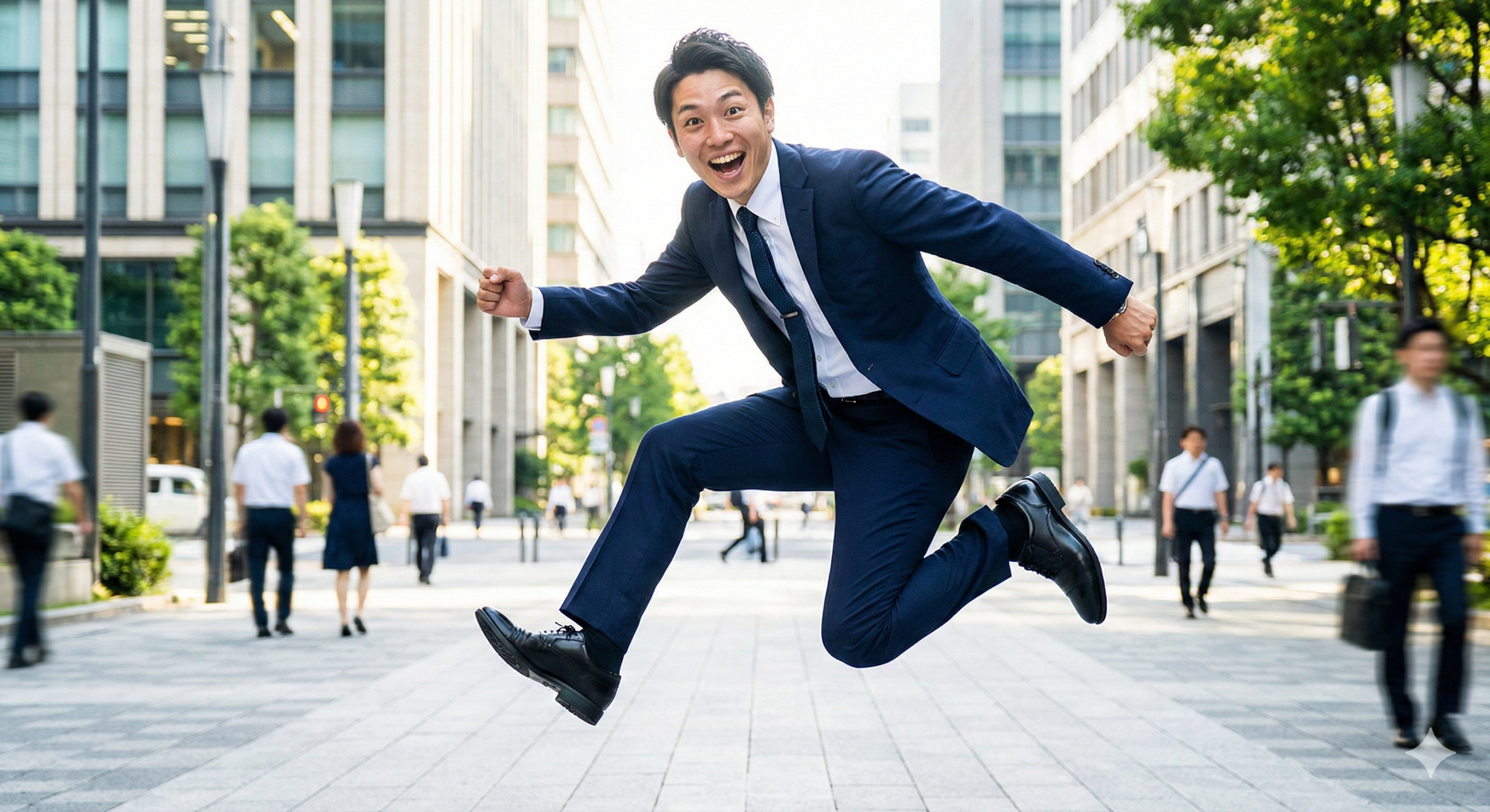 東京のビジネス街で笑顔でジャンプする日本のビジネスマン アシックスのシューズを着用