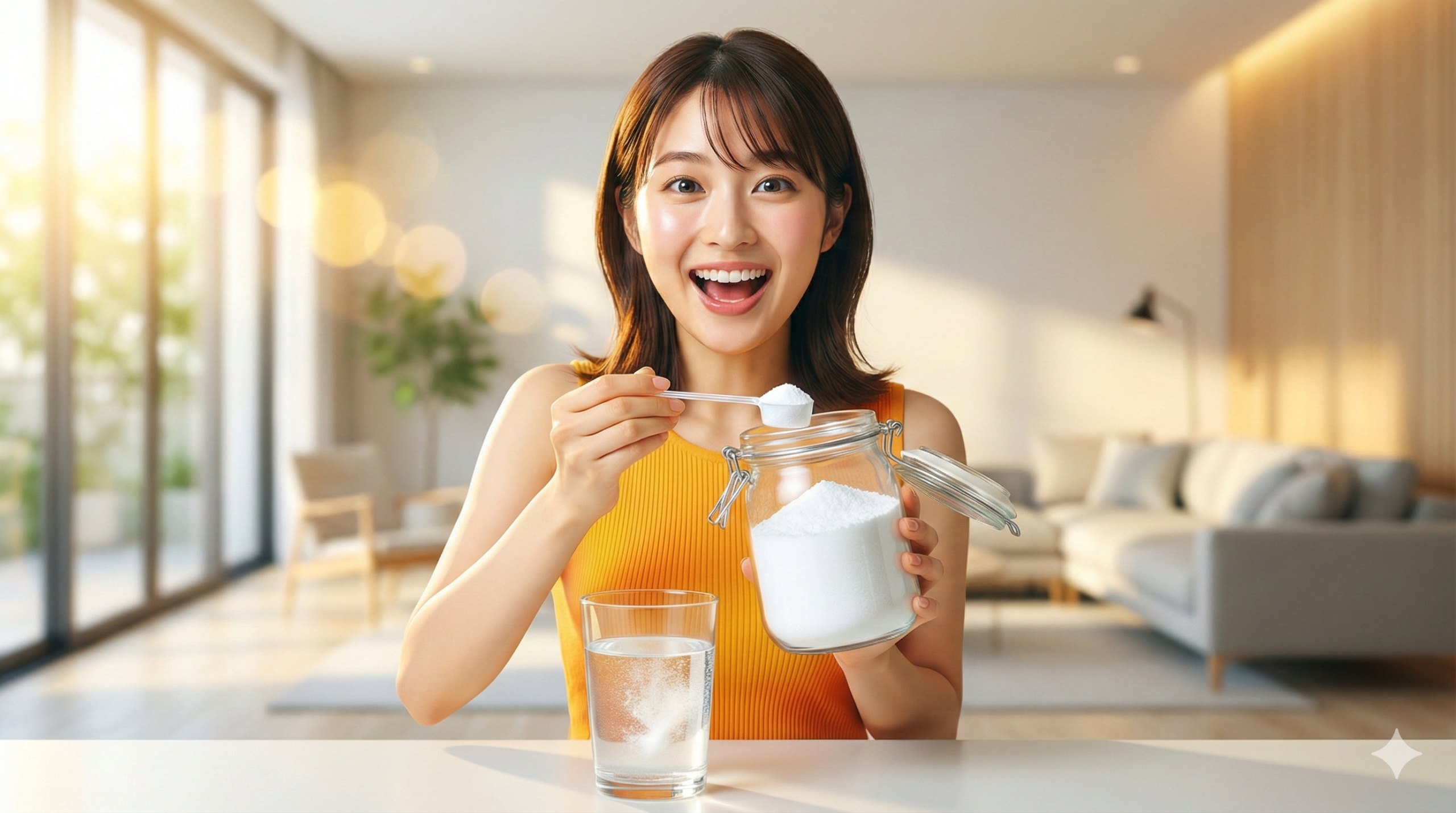 驚きのグリシン効果！美肌と快眠のための朝の新習慣 グリシン粉末の入った瓶とスプーンを持ち、驚きの笑顔を見せる20代の日本人女