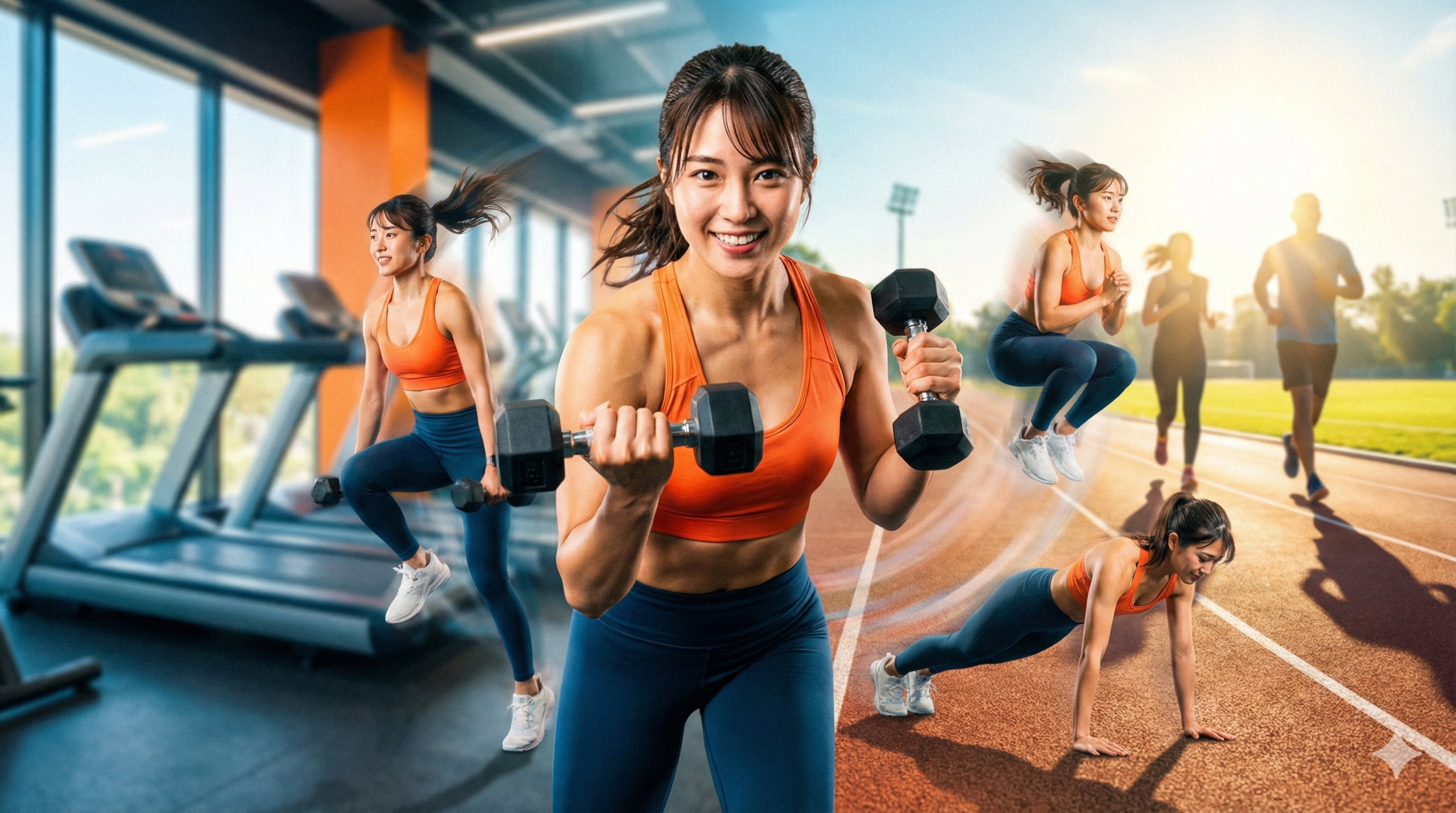 日本人女性のエネルギッシュなHIITと筋力トレーニング ジムと屋外トラックが融合した環境で、ダンベルを持って笑顔の日本人女性。ジャンプスクワットやバーピーの残像があり、鮮やかな色彩でエネルギッシュな雰囲気。