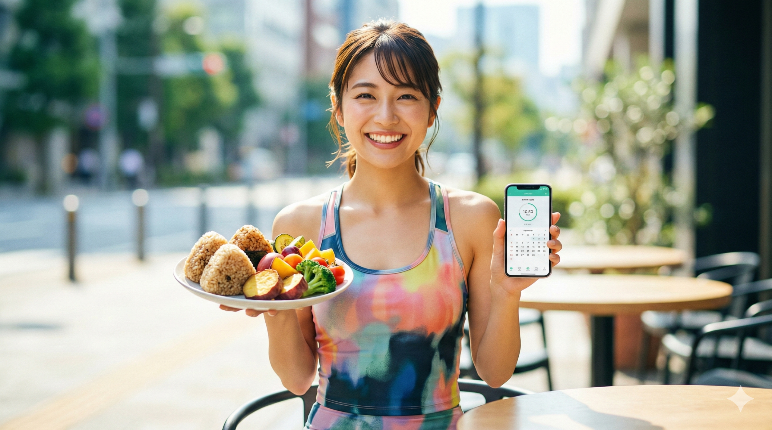 カフェテラスで笑顔の日本人女性が、玄米おにぎりや野菜が載ったプレートと、体組成計アプリを表示したスマートフォンを持っている