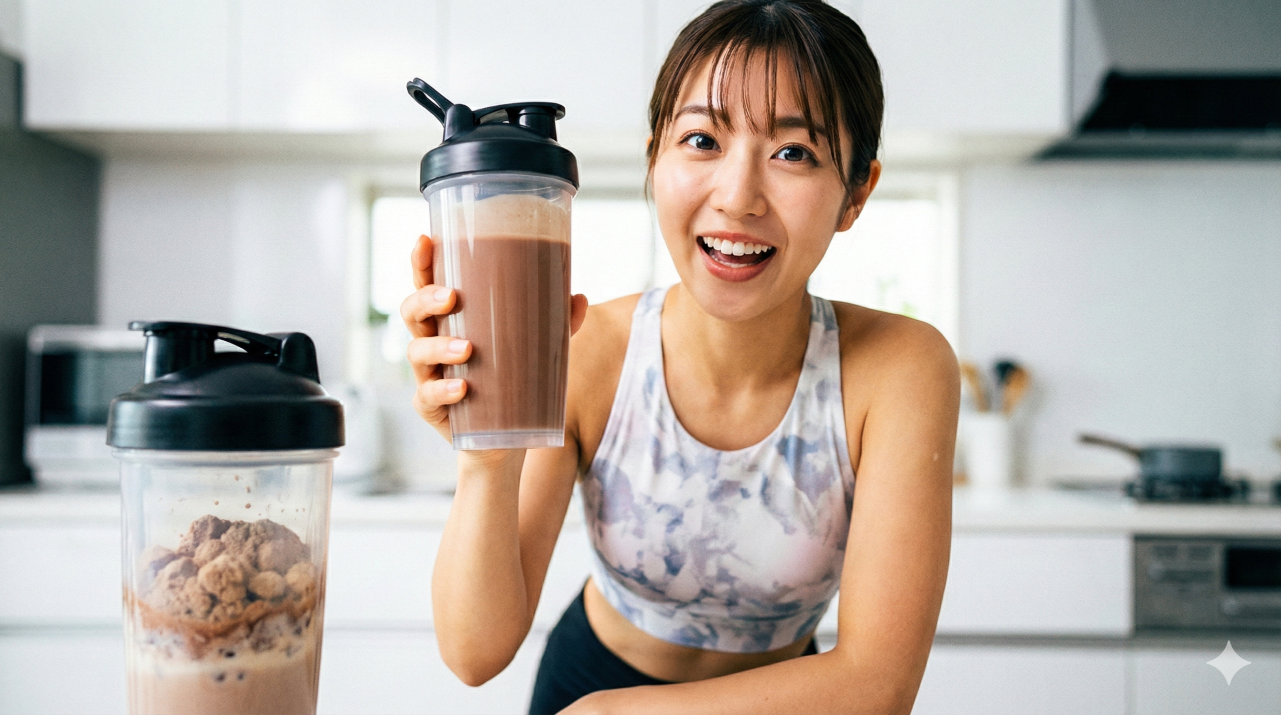 完璧に混ざったチョコレートプロテインを笑顔で掲げる女性と、手前にあるダマになったプロテインシェイカー
