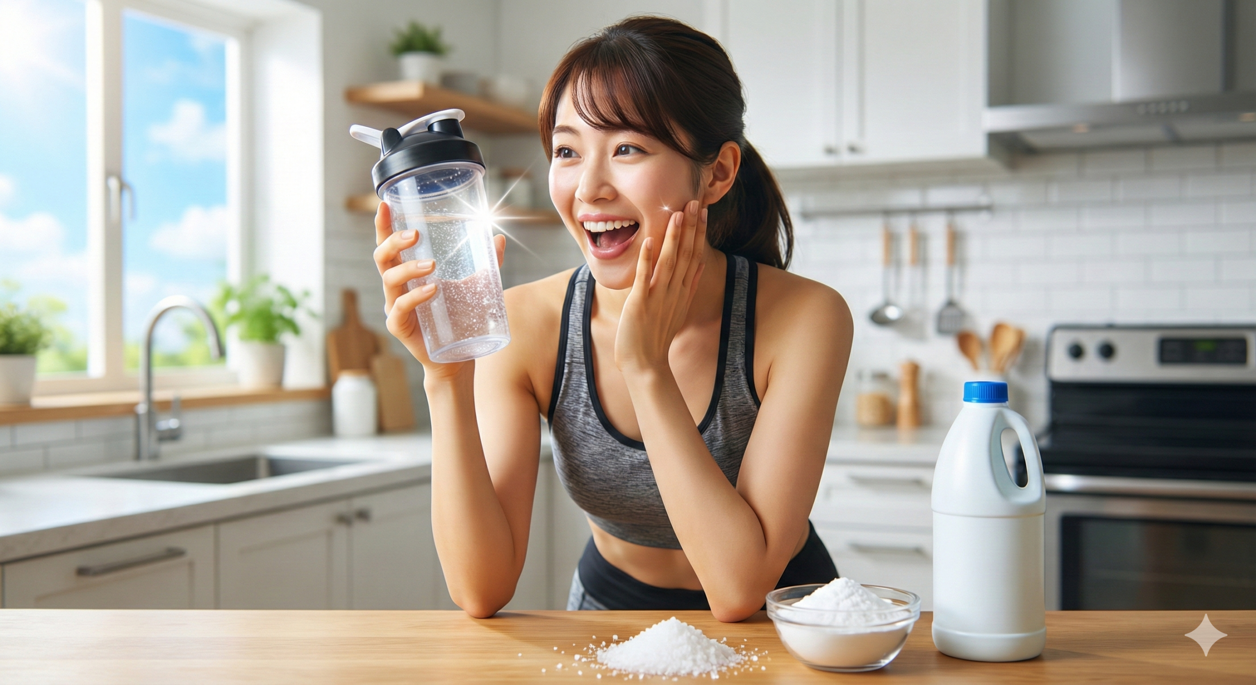 ピカピカのシェイカーを持つ日本人女性とキッチンにある掃除用品 明るいキッチンで、スポーツウェアを着た日本人女性が、驚きと喜びの表情でピカピカに輝く透明なシェイカーを見つめている。手前のカウンターには塩、重曹、漂白剤のボトルが置かれている。窓の外には青空が見える