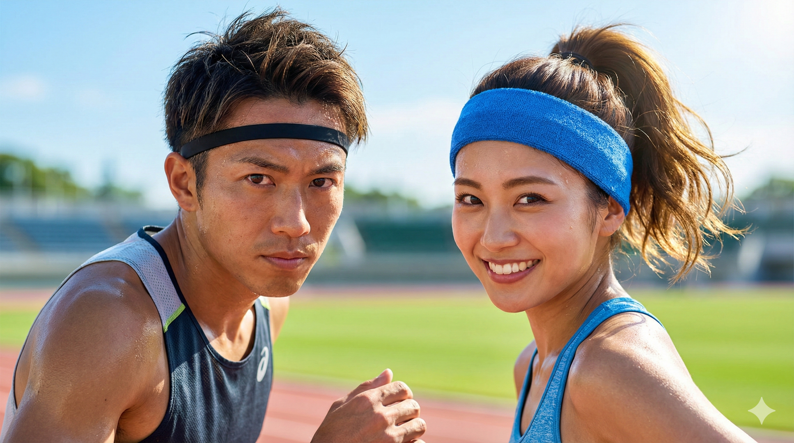 晴れた屋外の競技場で、青いスポーツ用ヘアバンドを装着して爽やかに微笑む日本人女性アスリートのクローズアップ