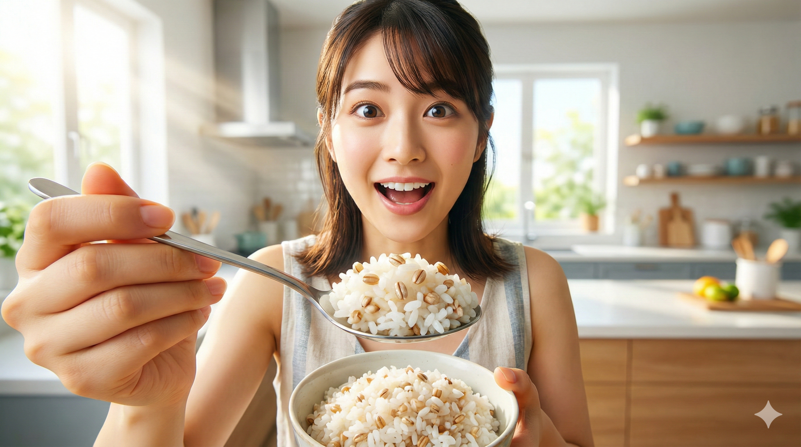 キッチンでバーリーマックスご飯に驚き喜ぶ日本人女性 驚きの表情でバーリーマックスご飯をスプーンですくう若い女性。