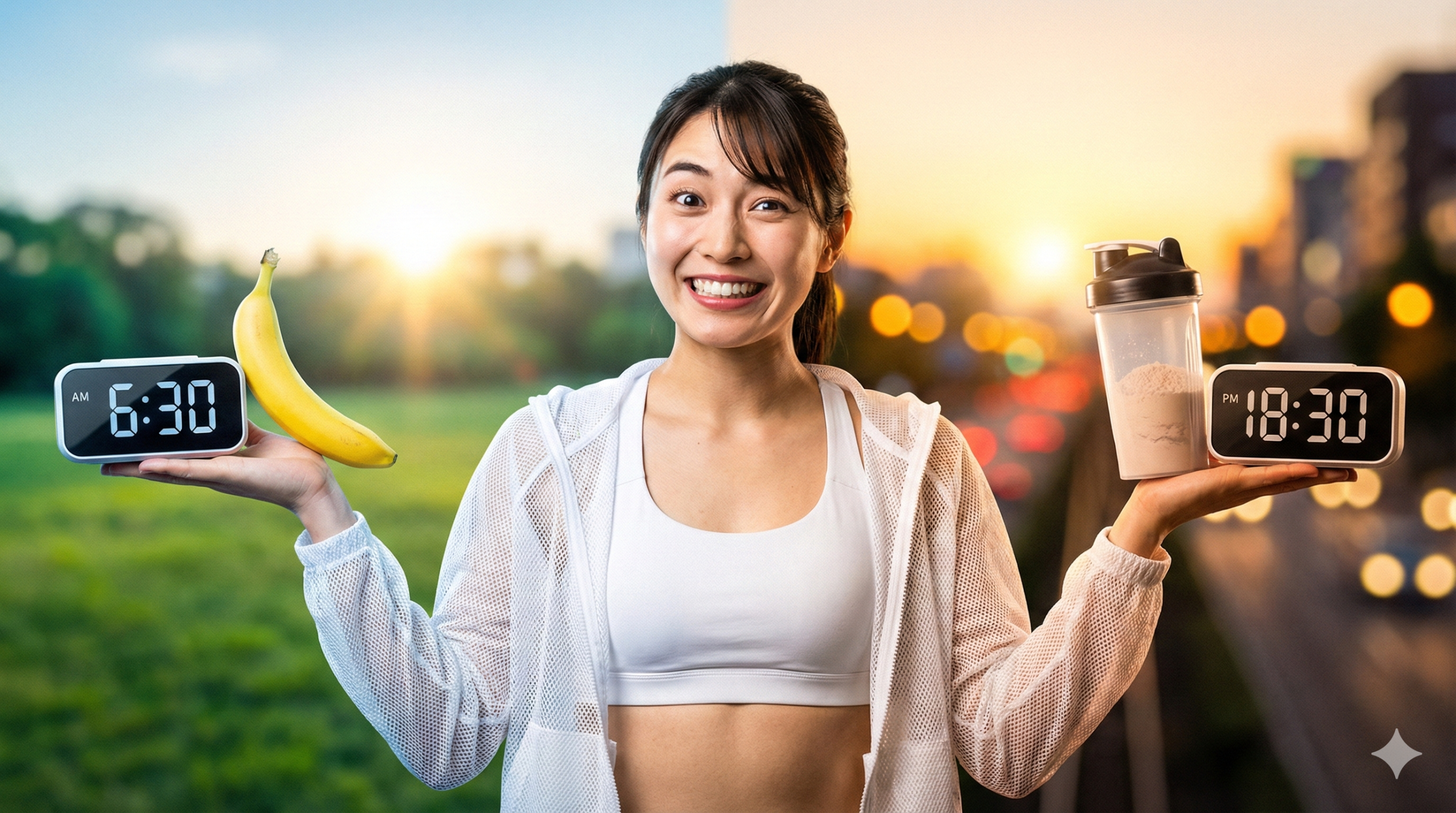 朝6時30分の時計とバナナ、夕方18時30分の時計とプロテインを両手で比較する笑顔の日本人女性