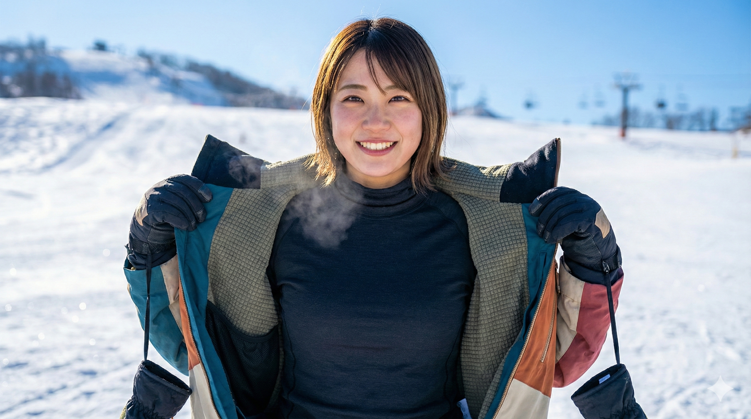 晴れたスキー場でレイヤリングを紹介する笑顔の女性スノーボーダー 雪山でスノーボードジャケットを開き、インナーウェアを見せて笑顔で立つ日本人女性。白い息が出ている。
