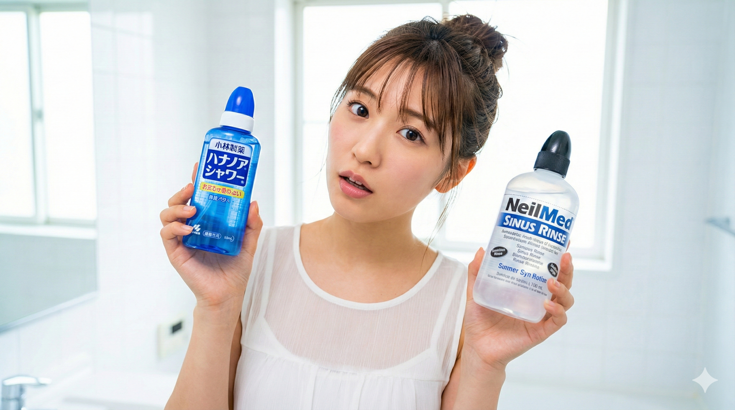 明るいバスルームで、若い日本人女性が右手に「小林製薬 ハナノアシャワー」、左手に「NeilMed サイナスリンス」を持ち、好奇心に満ちた表情で首をかしげて2つの製品を比較している