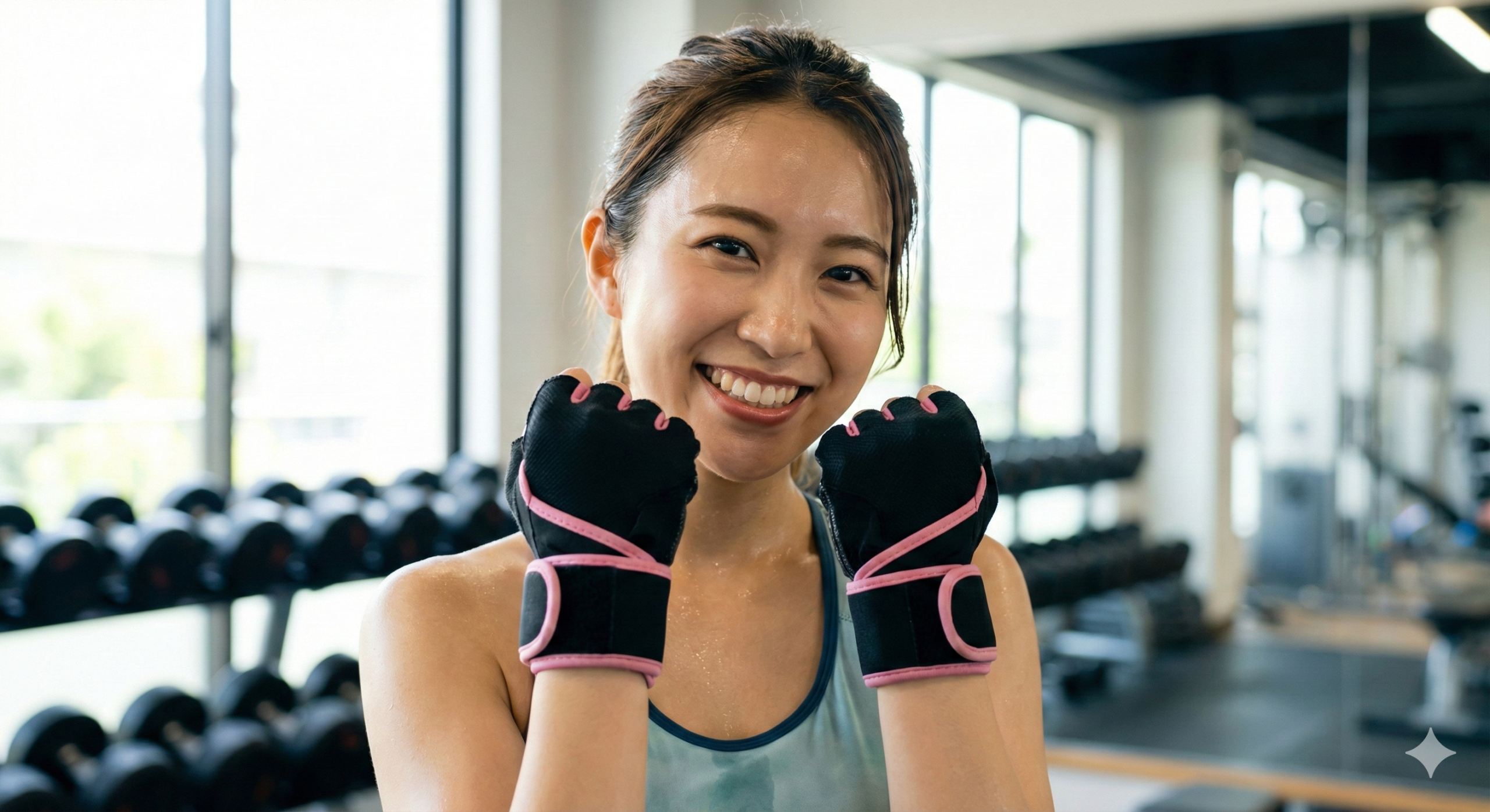 ピンクのリストラップ付きトレーニンググローブを着け、笑顔でガッツポーズをする若い日本人女性のフィットネス写真
