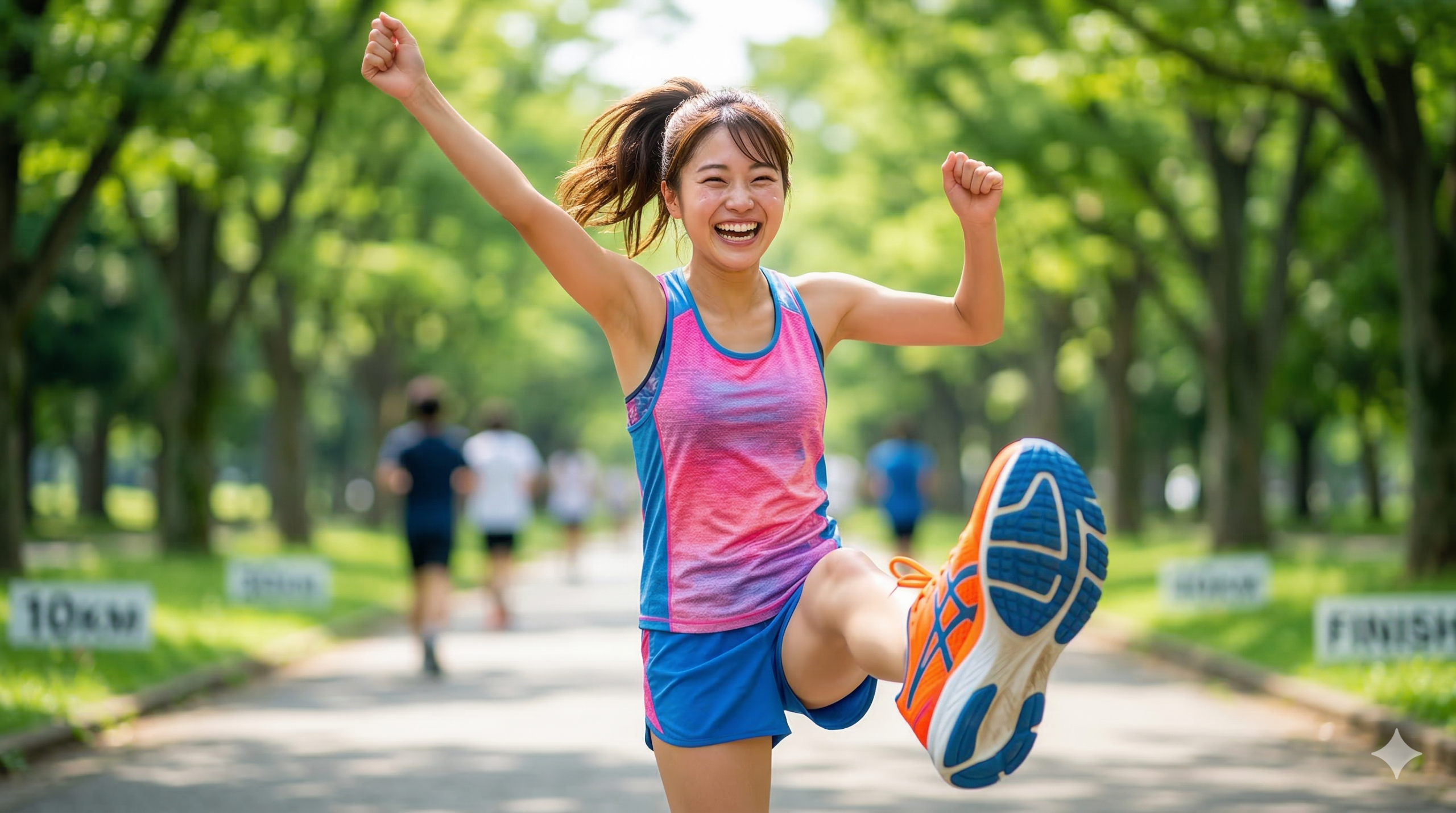 夏の公園で、ランニングウェアを着て勝利のポーズをとる、笑顔の若い日本人女性。背景には「FINISH」の看板