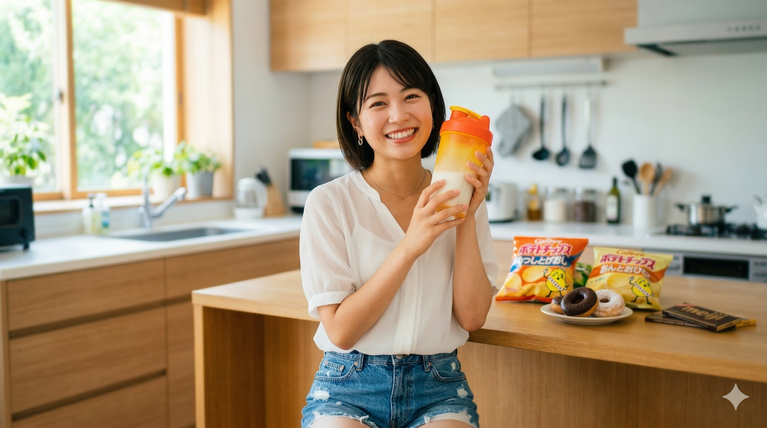 キッチンでプロテインシェイカーを持って微笑む日本人女性。手前のテーブルにはポテトチップスやドーナツが並んでいる