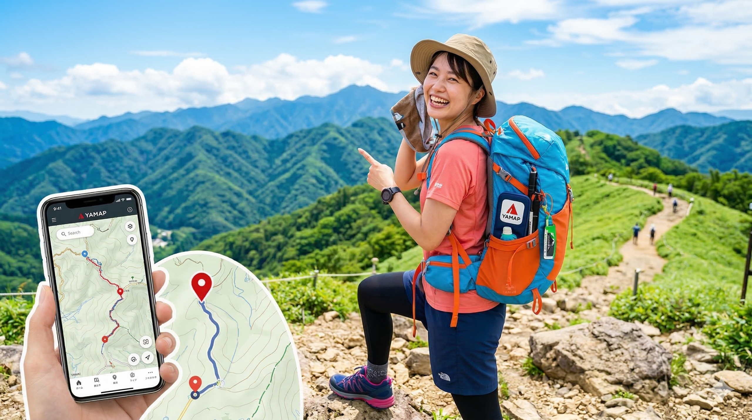 壮大な山々を背景に笑顔で指差す女性ハイカーと、手前のスマートフォンに表示された登山地図アプリのルート図